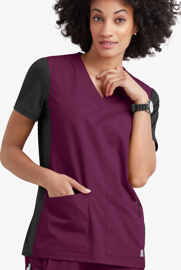 Butter-Soft Core Women's 3-Pocket Knit Panel V-Neck Scrub Top - Wine/Black - 2