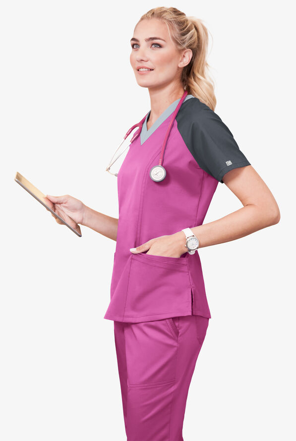 Butter-Soft STRETCH Women's 5-Pocket Active Color Block Scrub Top - Rosebud/Pewter/Silver - 3