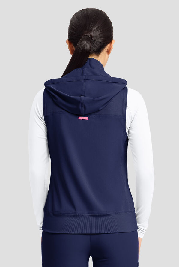 Med Couture Amp Women's 4-Pocket STRETCH Zip Front Removable Hoodie Scrub Vest - Navy - 6