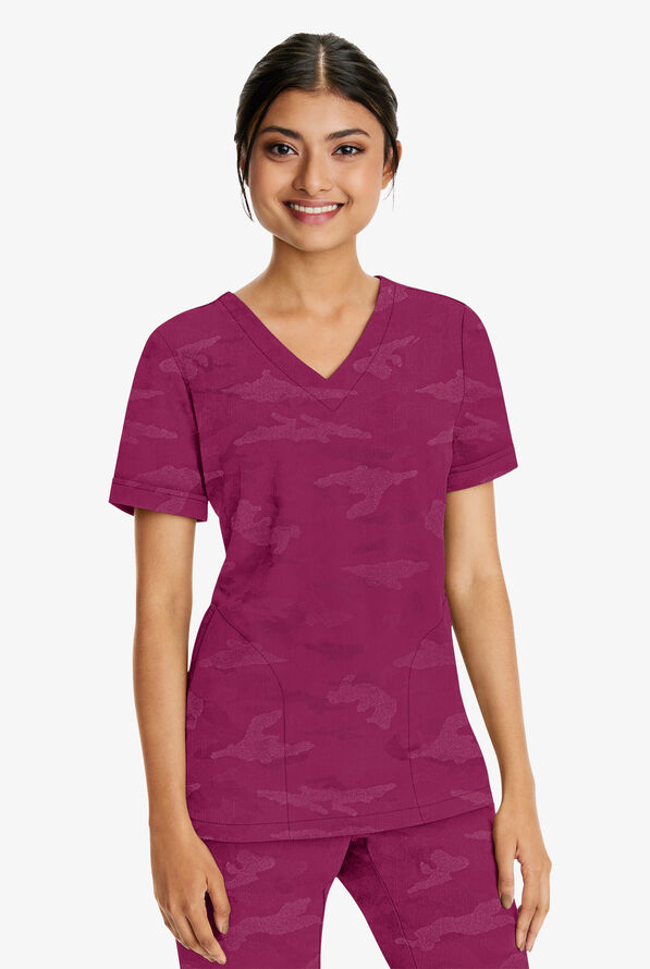 Healing Hands Purple Label Joy Camo Women's 2-Pocket STRETCH V-Neck Scrub Top - Wine - 2