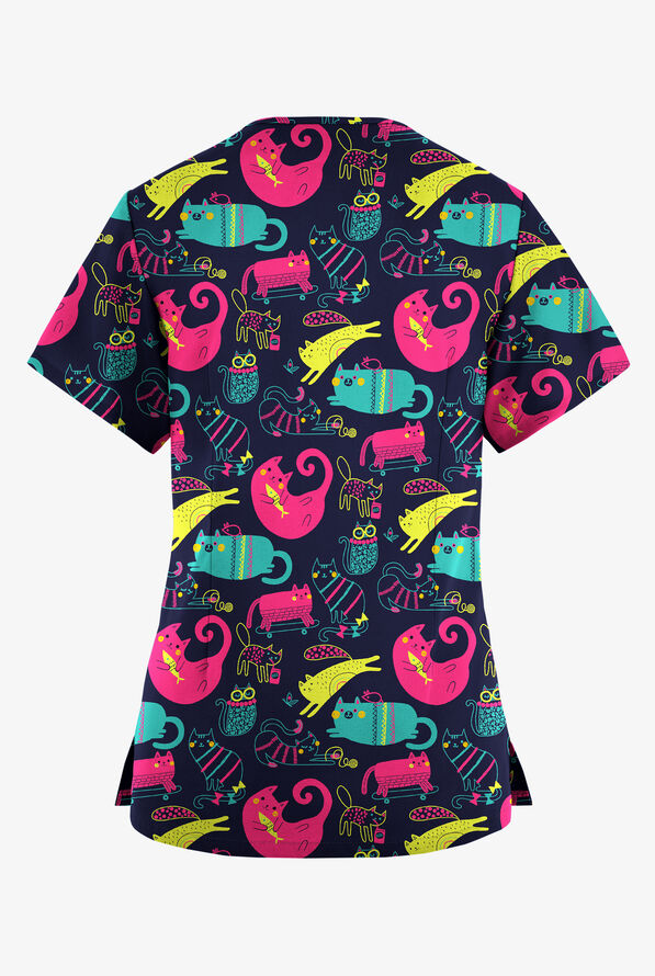 Blusa médica estampada Butter-Soft Originals Playful Kittens Navy con cuello en V redondeado y 4 bolsillos para mujer - null - 2