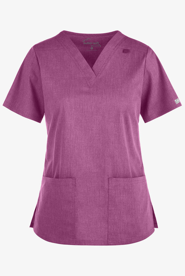 Butter-Soft STRETCH Women's 4-Pocket V-Neck Scrub Top - Berry Wine Heather - 1