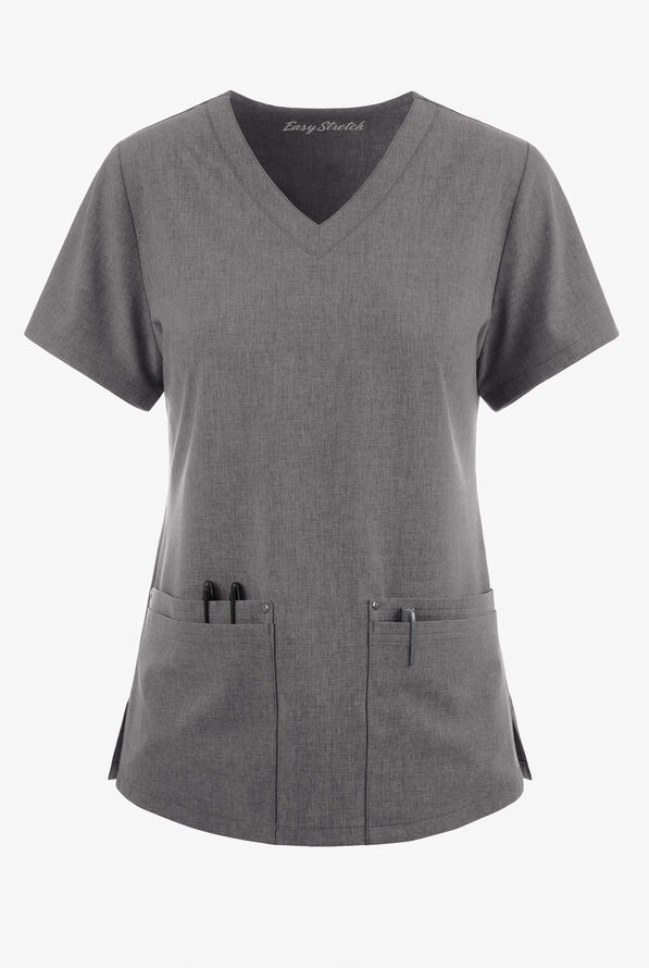 Easy STRETCH Lina Mitered Women's 4-Pocket V-Neck Scrub Top - Graphite Heather - 1