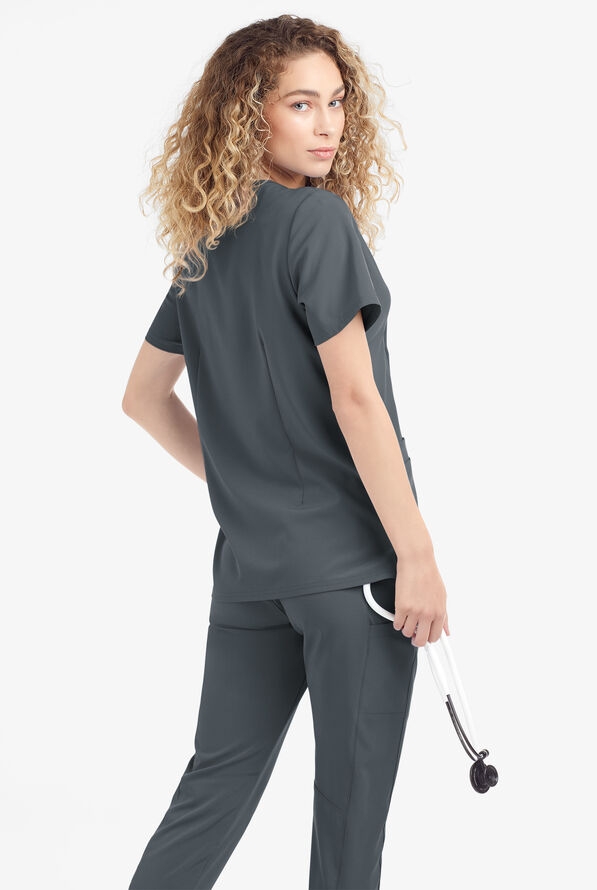 Blusa m&eacute;dica Easy STRETCH Arianna con cuello curvo y 4 bolsillos para mujer - Pewter - 3