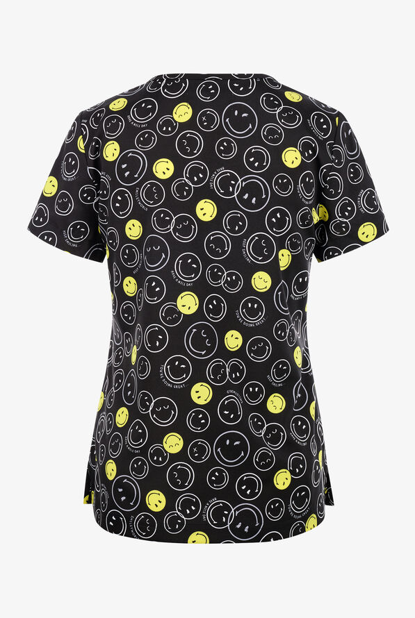 koi Smiley World Doing Great Women's 1-Pocket STRETCH Y-Neck Print Scrub Top - null - 2