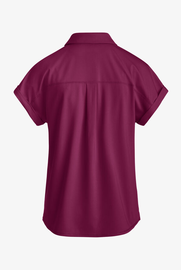 Grey's Anatomy by Barco Knit STRETCH Renew Women's 1-Pocket Dolman Sleeve Polo Scrub Top - Wine - 2