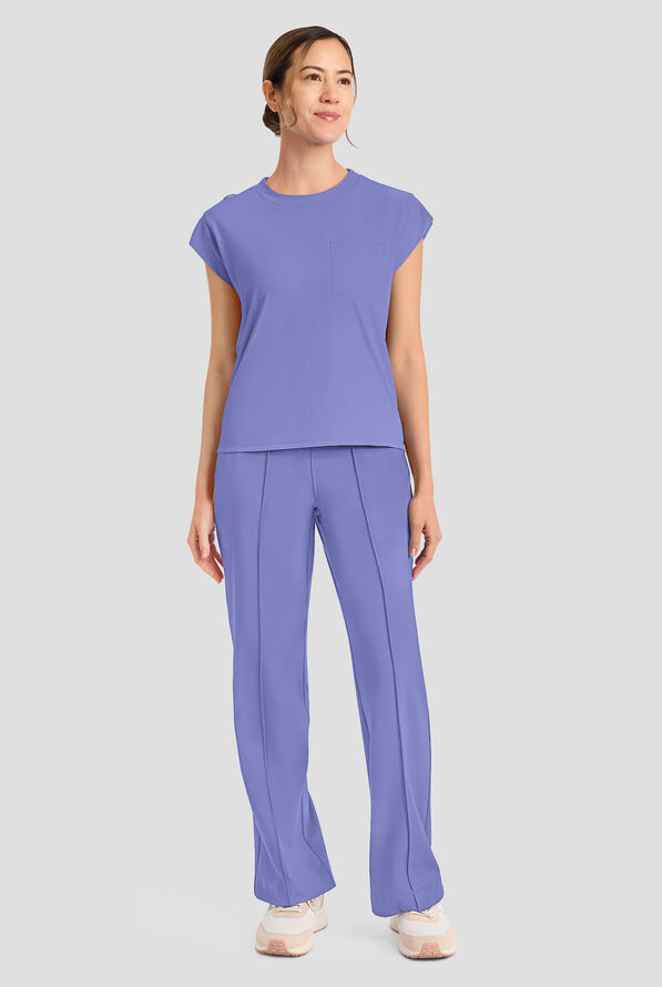 Cherokee Achieve Women's 1-Pocket STRETCH Raglan Sleeve Crew Neck Knit Scrub Top - Ceil Blue - 4