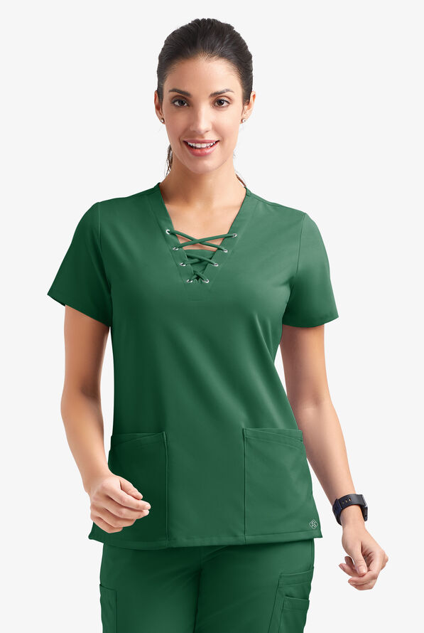Easy STRETCH Gisele Women's 4-Pocket Lace Up V-Neck Scrub Top - Hunter - 2