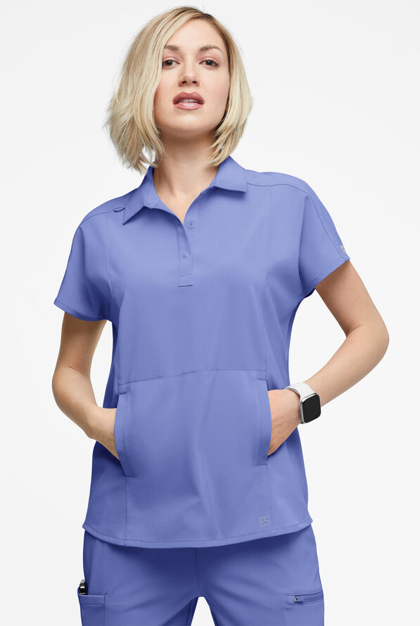 Easy STRETCH LEA Women's 3-Pocket Polo Collar Scrub Top - Ceil Blue - 2