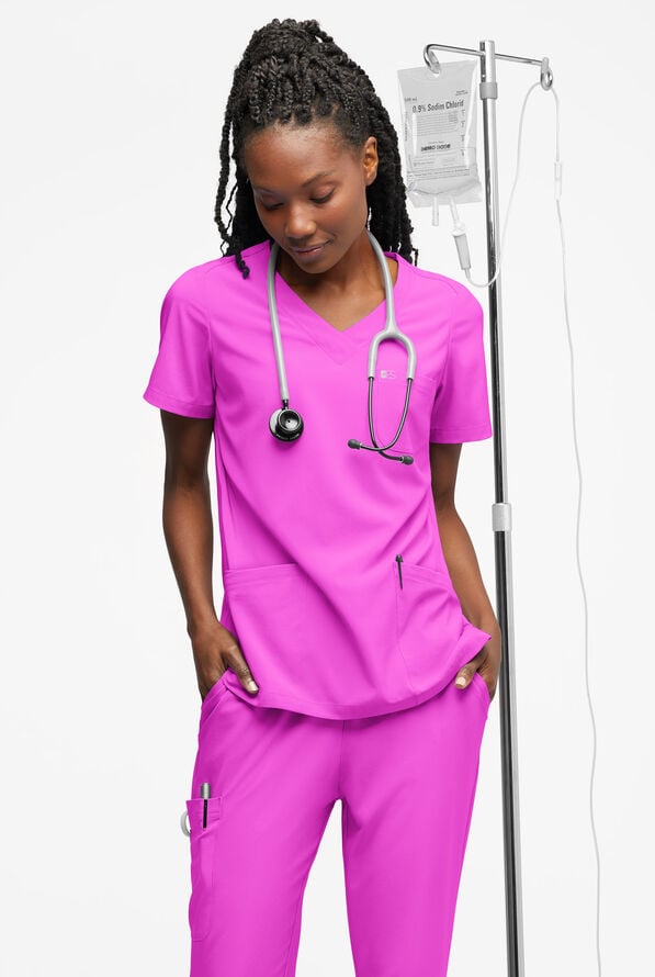 Easy STRETCH Tessa Women's 5-Pocket V-Neck Scrub Top - Electric Fuchsia - 4