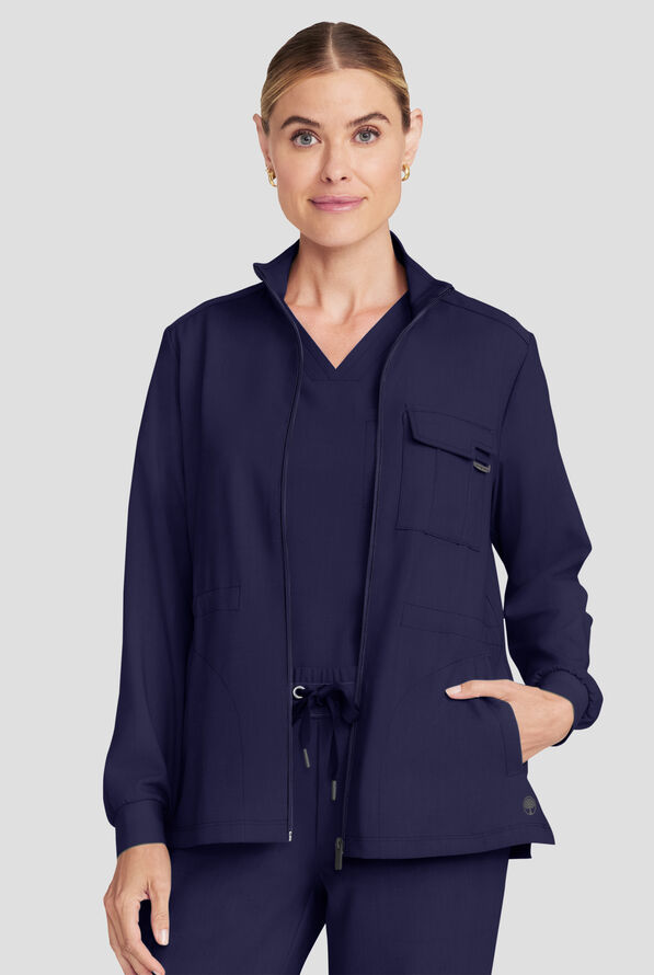 Healing Hands Quest Women's 4-Pocket STRETCH Zip Front Utility Scrub Jacket - Navy - 2