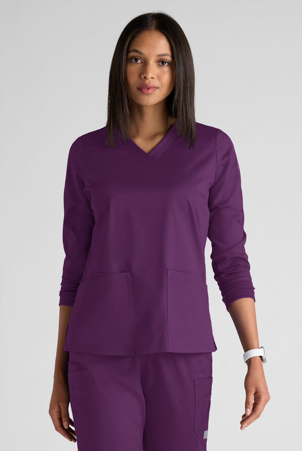 Butter-Soft STRETCH Women's 5-Pocket 3/4" Sleeve V-Neck Scrub Top - Eggplant - 1