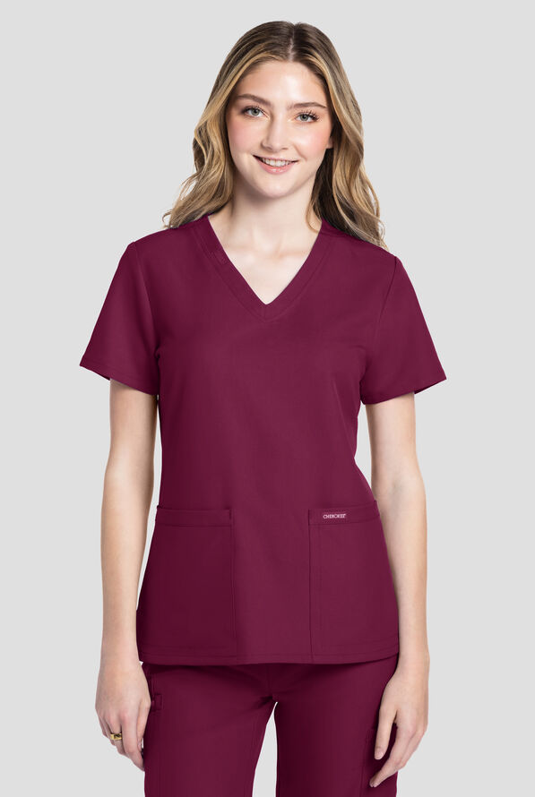 Blusa m&eacute;dica Cherokee Workwear Originals Ultra con cuello en V y 2 bolsillos para mujer - Wine - 2