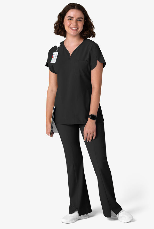 Wink Renew Women's 3-Pocket STRETCH Dolman Notch Sleeve Y-Neck Scrub Top - Black - 4