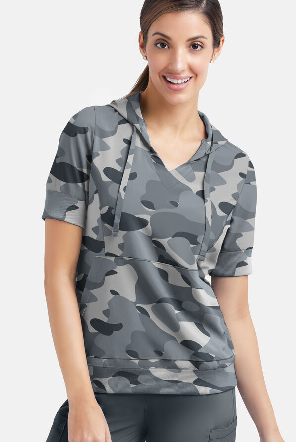 Strictly Scrubs STRETCH Cloud Camo Pewter Women's 3-Pocket Short Sleeve Pull-Over Scrub Hoodie - null - 2