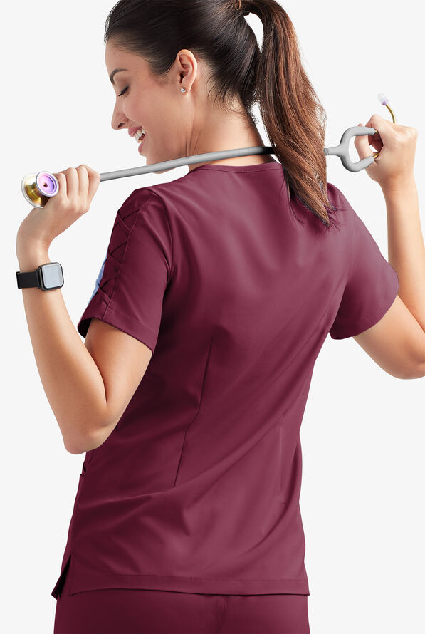 Easy STRETCH Kylie Woman's 5 Pocket V-Neck With Criss-Cross Detail Scrub Top - Wine - 4