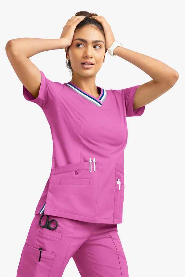 Butter-Soft STRETCH Women's 5-Pocket Short Sleeve V-Neck with Sport Trim Detail Scrub Top - Rosebud - 7