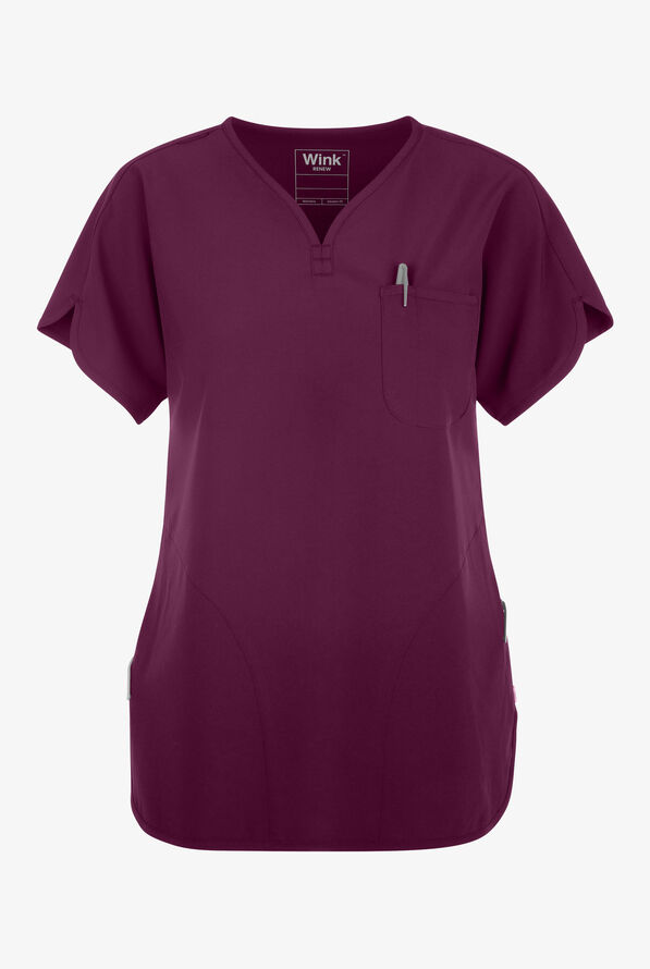 Wink Renew Women's 3-Pocket STRETCH Dolman Notch Sleeve Y-Neck Scrub Top - Wine - 1