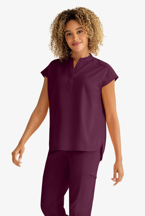 Healing Hands Purple Label Journey Women's 2-Pocket STRETCH Dolman Sleeve Mandarin Collar Scrub Top - Wine - 3