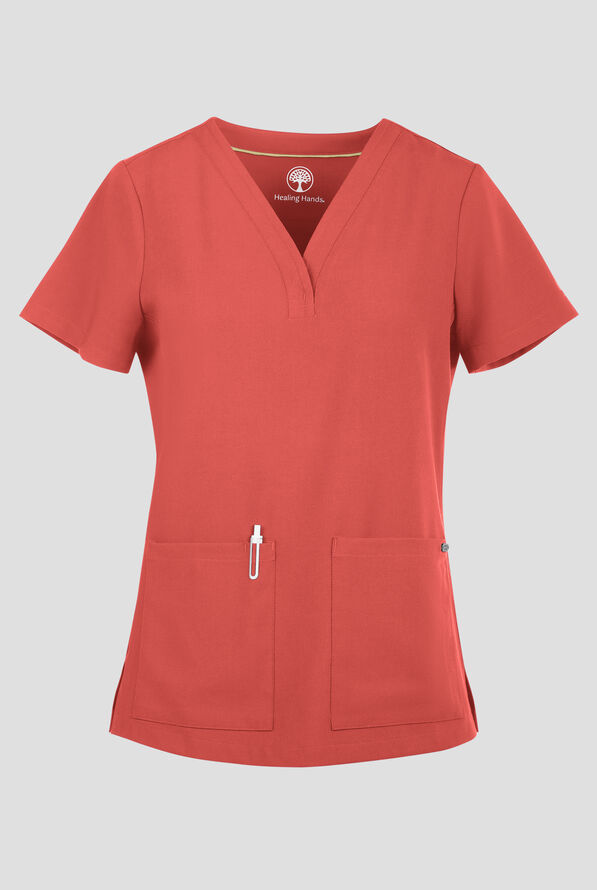 Healing Hands Quest Briana Women's 3-Pocket STRETCH Y-Neck Scrub Top - Warm Sunrise - 1