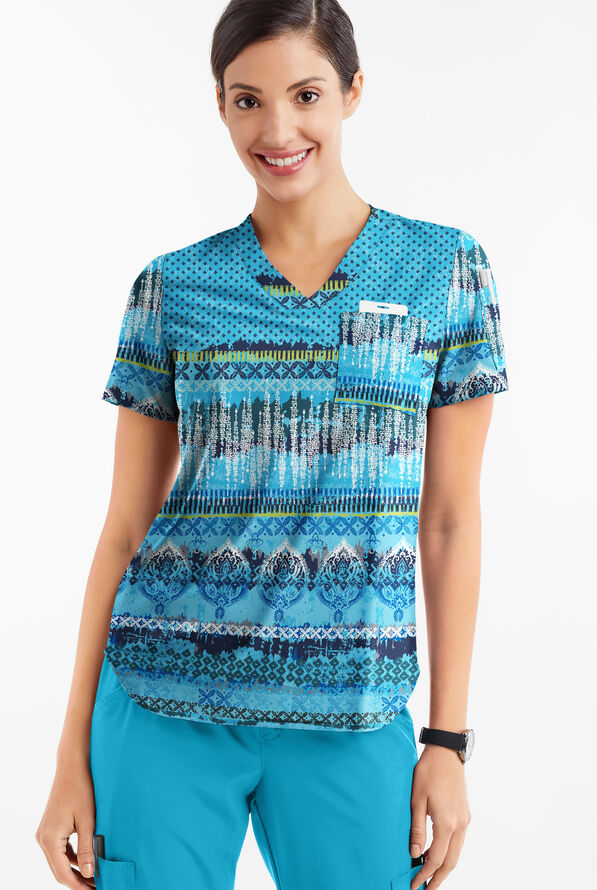 Easy STRETCH Woodblock Paisley Turquoise Womens 2-Pocket V-Neck Print Scrub Top - null - 2