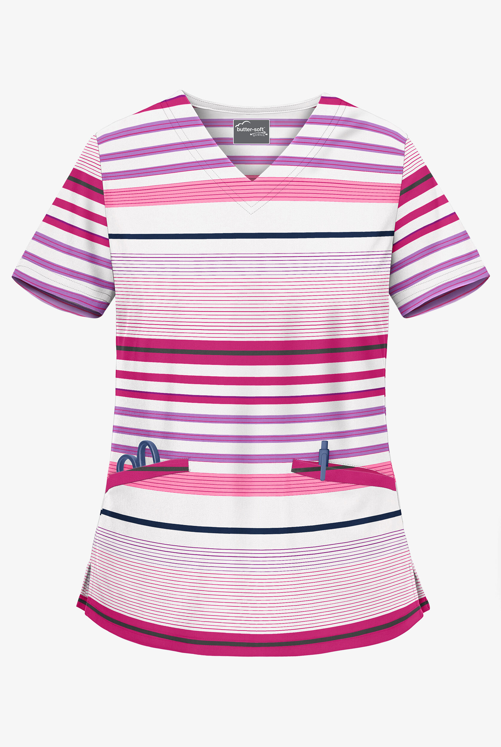 Butter-Soft Stripe Me White V- Neck Print Scrub Top, Striped Scrubs