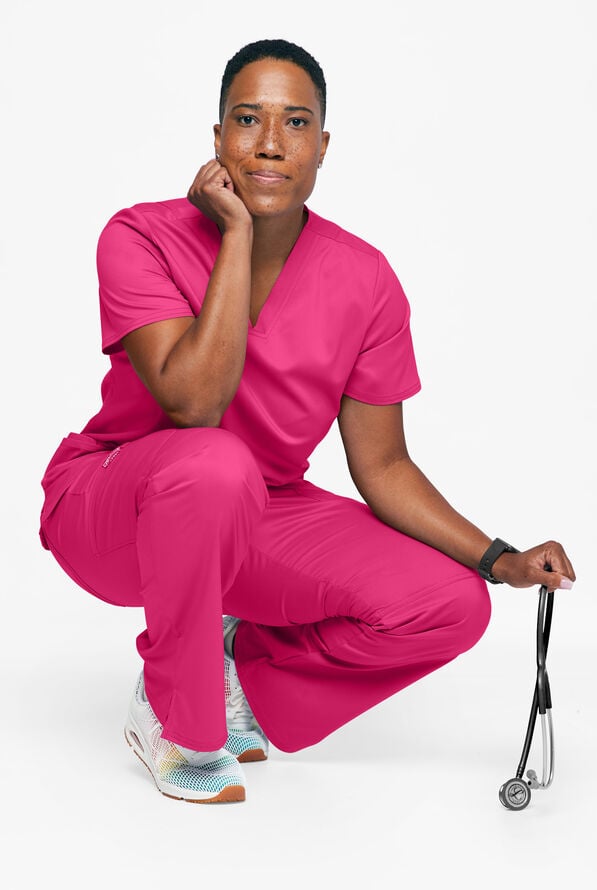 Cherokee Workwear Revolution Women's 3-Pocket STRETCH V-Neck Scrub Top - Electric Pink - 3