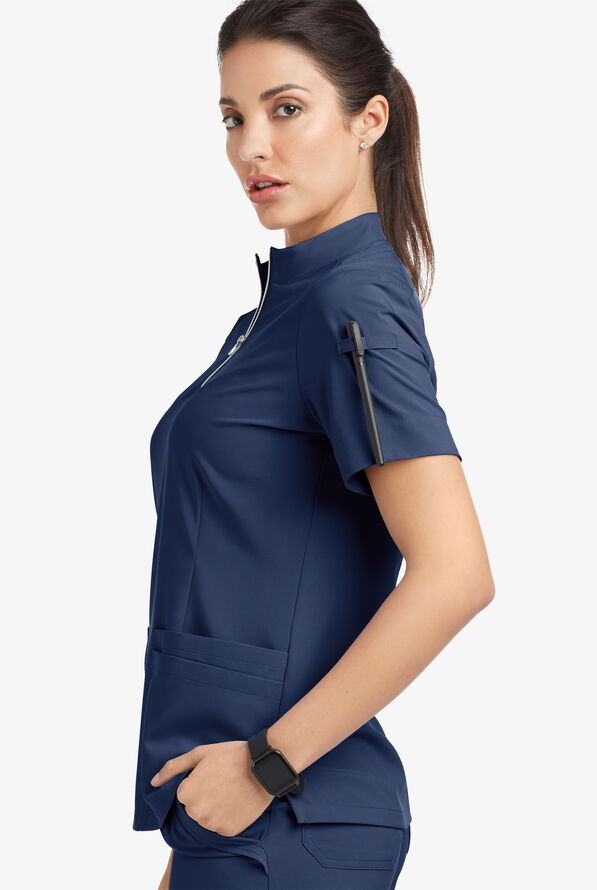 Easy STRETCH Jen Women's 4-Pocket Zip-Neck Short Sleeve Scrub Top - Navy - 5