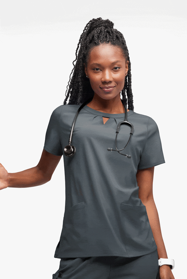 Easy STRETCH Salma Women’s 3-Pocket Keyhole Neck Scrub Top - Pewter - 4