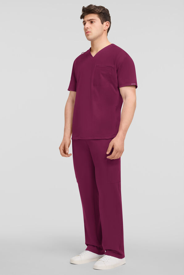 Cherokee Achieve Men's 3-Pocket STRETCH Relaxed V-Neck Knit Scrub Top - Wine - 4