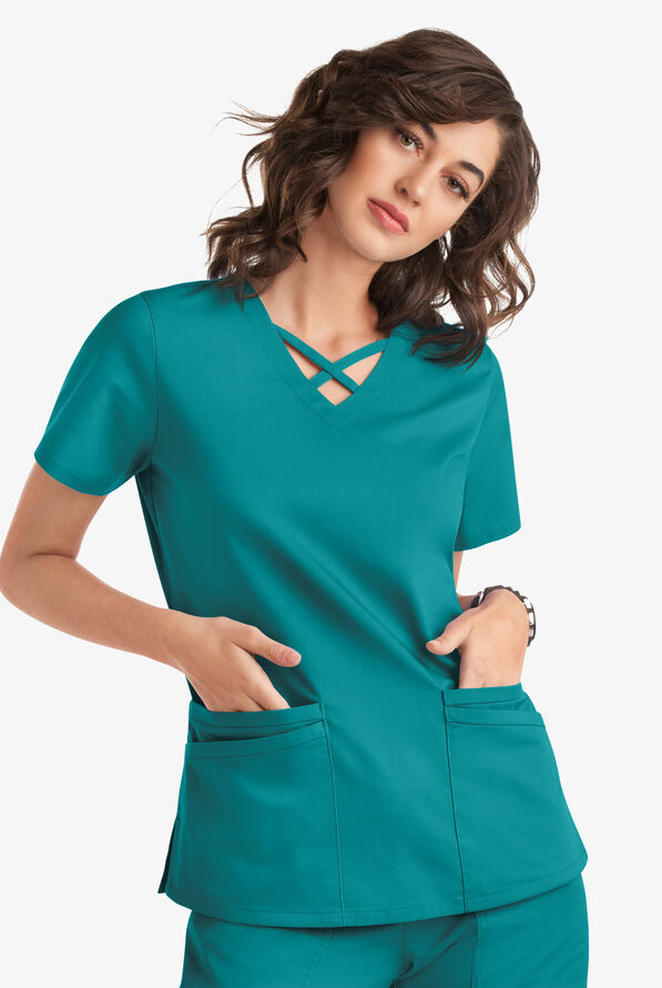 Blusa m&eacute;dica UA Butter-Soft STRETCH con lazos entrecruzados y 4 bolsillos para mujer - Teal - 5