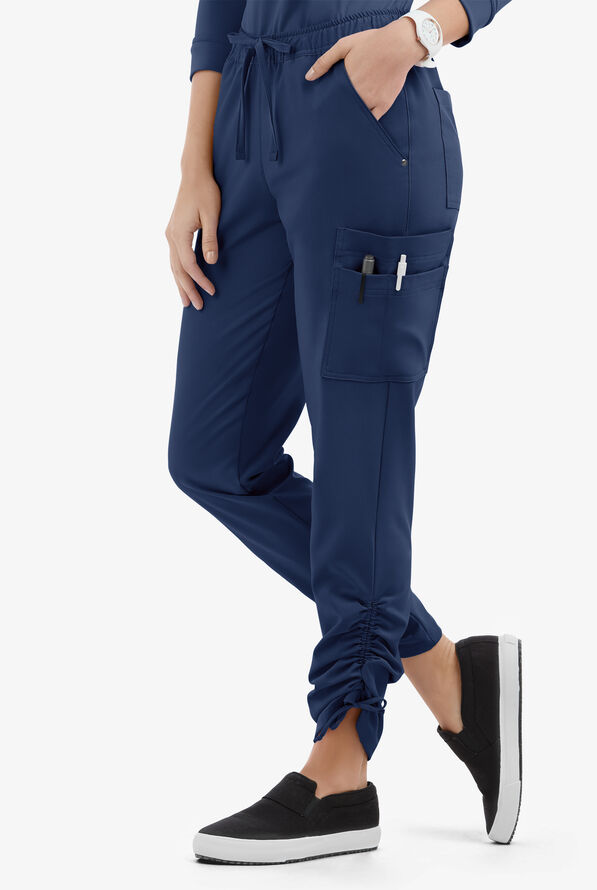 Easy STRETCH Halle Women's 11-Pocket Ruched Leg Jogger Scrub Pants - Petite - Navy - 1