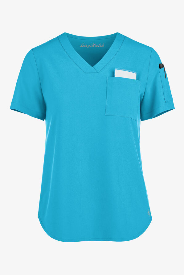 Easy STRETCH Chloe Women's 3-Pocket V-Neck Tuck-In Scrub Top - Turquoise - 1