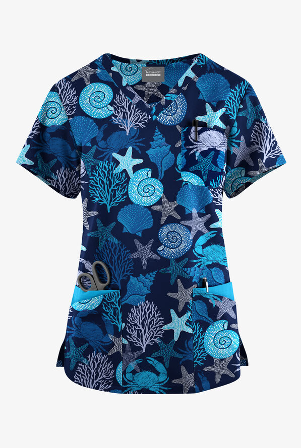 Butter-Soft Originals Beach Day Navy Women's 7-Pocket Curved V-Neck Print Scrub Top - null - 1