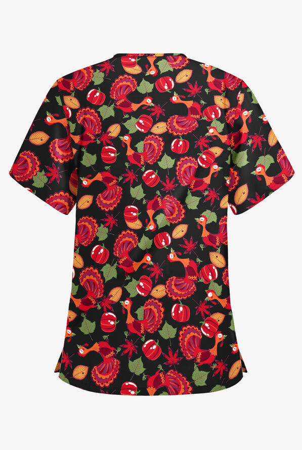 Butter-Soft Thanksgiving Morning Women's 3-Pocket V-Neck Print Scrub Top - null - 2