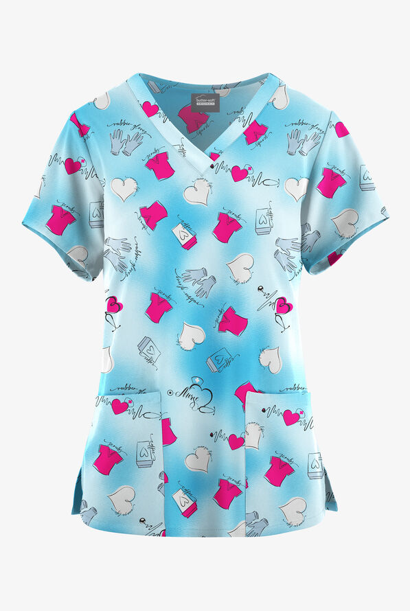 Blusa médica estampada Butter-Soft Originals Healing Hearts Morning Dew con cuello en V redondeado y 4 bolsillos para mujer - null - 1