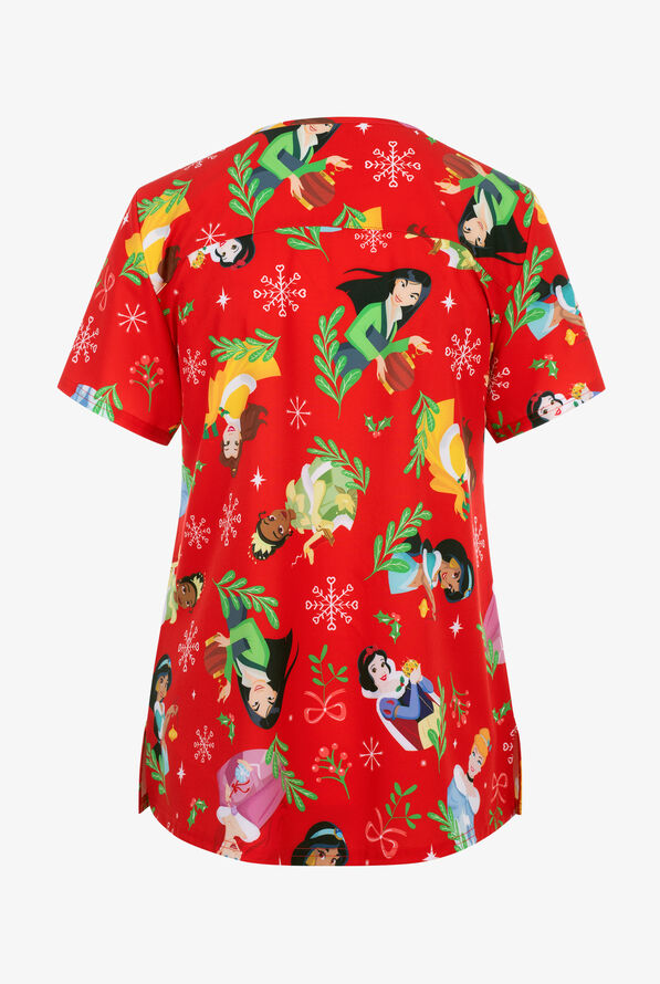 Disney Princesses Christmas by Funscrubs Women's 2-Pocket STRETCH V-Neck Print Scrub Top - null - 2