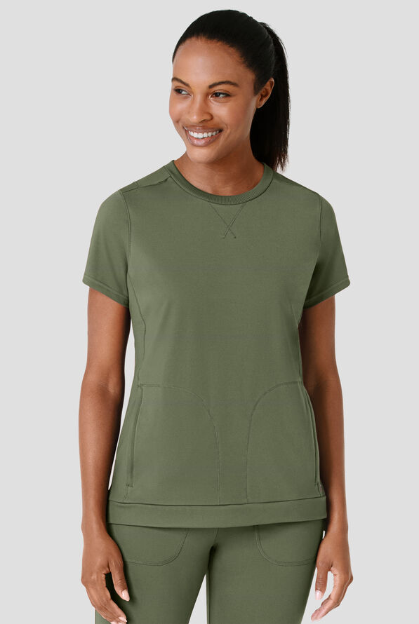 Wink Renew Knit Women's 2-Pocket STRETCH Rib-Knit Crew Neck Scrub Top - Olive - 3