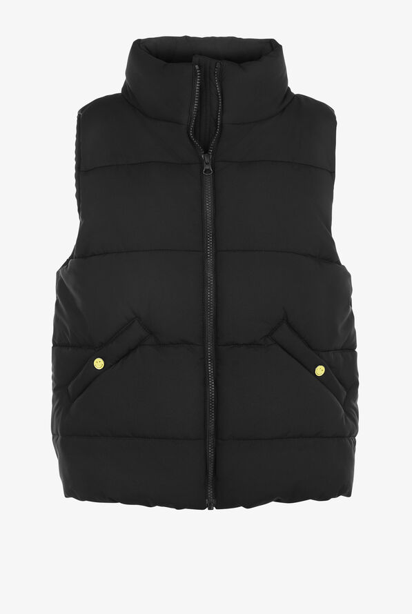 koi Smiley World Delighted Women's 2-Pocket Smiley Embroidered Zip Front Puffed Scrub Vest - Black - 1