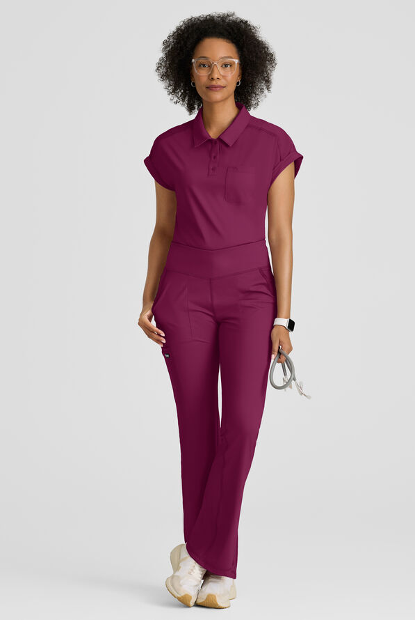 Grey's Anatomy by Barco Knit STRETCH Renew Women's 1-Pocket Dolman Sleeve Polo Scrub Top - Wine - 5
