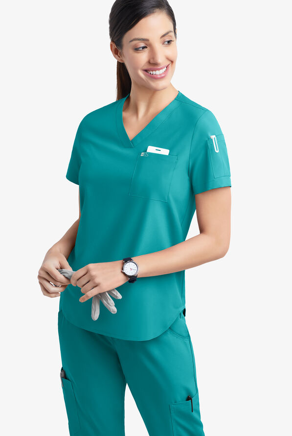 Easy STRETCH Chloe Women's 3-Pocket V-Neck Tuck-In Scrub Top - Teal - 3