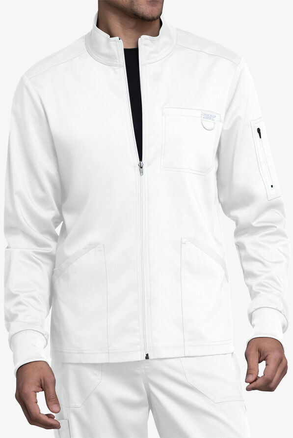 Cherokee Workwear Revolution Men's 5-Pocket STRETCH Zip Front Scrub Jacket - White - 1