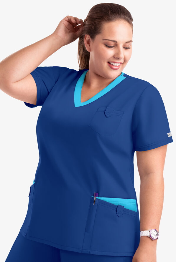 Butter-Soft Core Women's 5-Pocket Rounded V-Neck Scrub Top - Galaxy/Turquoise - 4