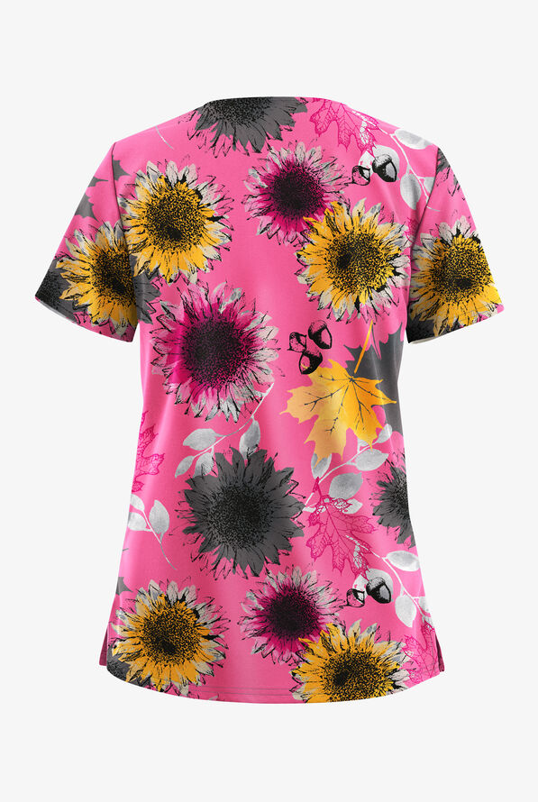 Butter-Soft STRETCH Sunflowers Fuchsia Women's 2-Pocket V-Neck Print Scrub Top - null - 2