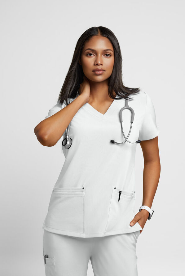 Easy STRETCH Lina Mitered Women's 4-Pocket V-Neck Scrub Top - White - 2