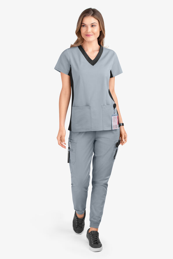 Butter-Soft STRETCH Women's 3-Pocket Contrast Scrub Top - Silver/Black - 2