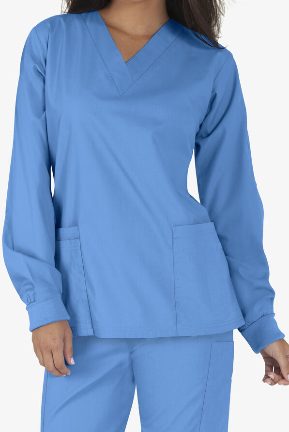 Butter-Soft Core Unisex 5-Pocket Long Sleeve Scrub Top - Ceil Blue - 2