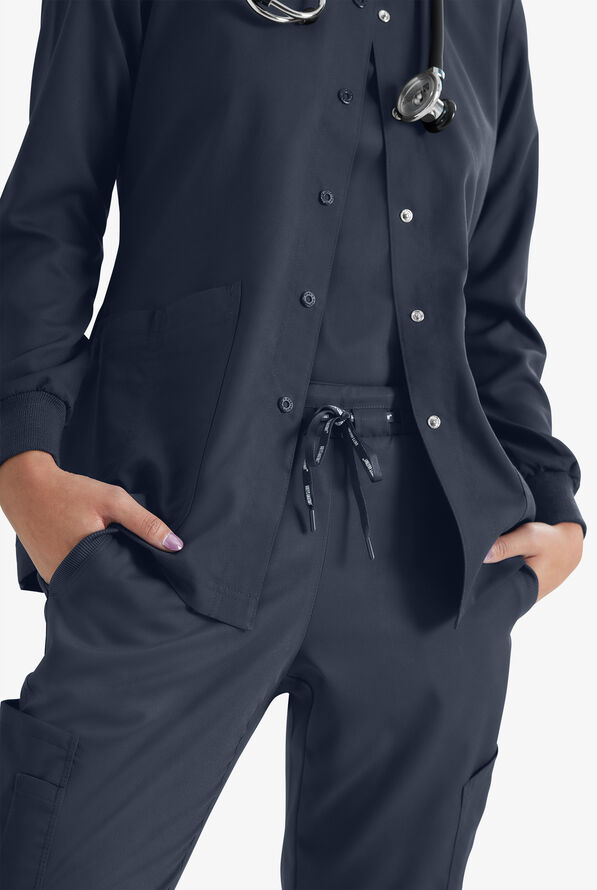 Grey's Anatomy by Barco Women's 4-Pocket Round Neck Warm-Up Scrub Jacket - Steel Gray - 3