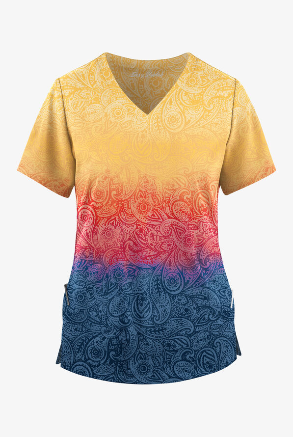 Easy STRETCH Lyon Paisley Navy Women's 2-Pocket V-Neck Print Scrub Top - null - 1