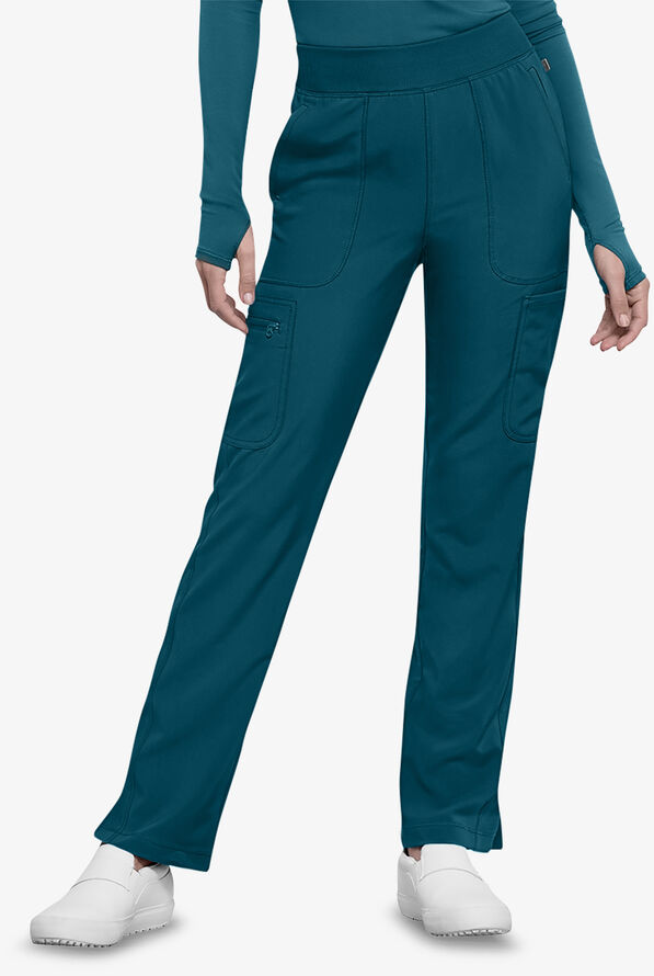 Infinity Women's 6-Pocket STRETCH Rib-Knit Waistband Cargo Scrub Pants - Caribbean Blue - 1